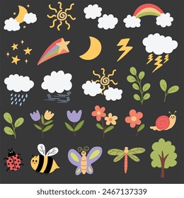 Nature doodles set. Clouds, weather conditions, bee, butterfly, dragonfly, ladybug, snail, flowers, plants, rainbow, tree. Hand drawn vector illustrations.