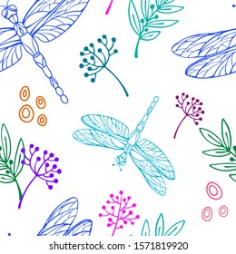Nature Dragonfly seamless pattern. Hand drawn image. Colorful line sketch on white background. Vector illustration