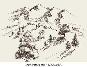 Nature drawing, mountains landscape, an isolated house on the valley