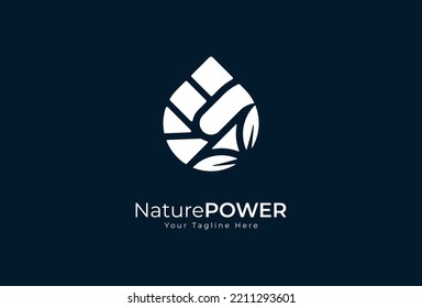 Nature Droplet logo, water drop, leaf and fist symbol of power combination, vector illustration