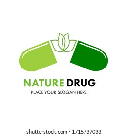 Nature drug logo design template illsutration. there are flower and capsule. this is good for pharmacy, medical, factory, nature, industrial, education etc