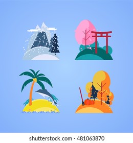 The nature of each season of the year in the form of a small island. Snow-covered mountains and trees. Cherry blossoms. The sea, palm trees and the beach. Harvest, autumn trees.