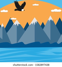 nature, eagle on the background of mountains and lake, painted in a flat design