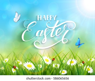 Nature Easter background with a butterfly flying above the grass and flowers, lettering Happy Easter and sun beams, illustration.