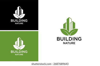 Natureza eco edifício logotipo vetor design com verde folha casa símbolo arquitetura orgânica conceito imobiliário ambiente empresa identidade e moderna ilustração gráfica criativa