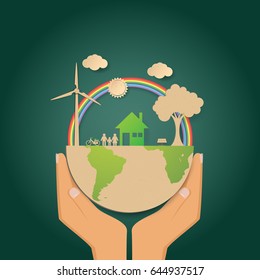 Nature and Eco concept to conservation and save energy. With reuse paper art style. Vector illustration.