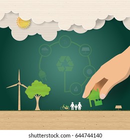 Nature and Eco concept.Green life with cardboard paper art style on green background.Vector illustration.