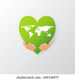Nature and Eco concept.With hand holding world map on heart shape.Vector illustration.
