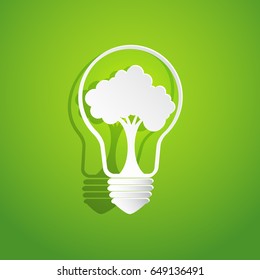 Nature and Eco conservation concept.With tree in light bulb shape on green background.Vector illustration.