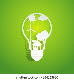 Nature and Eco conservation concept.With tree in light bulb shape on green background.Vector illustration.