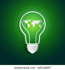Nature and Eco conservation concept.With world map in light bulb shape on green background.Vector illustration.