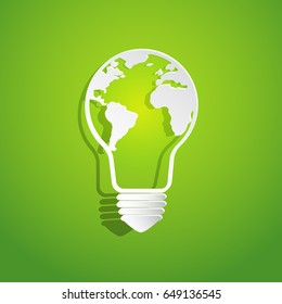 Nature and Eco conservation concept.With world map in light bulb shape on green background.Vector illustration.