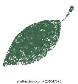 Nature eco design. Illustration of leaf silhouette with curl ornament. Dark green. Isolated.