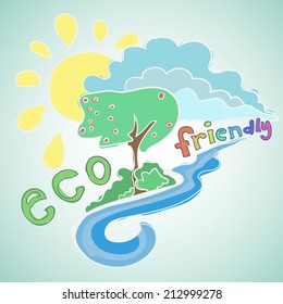 Nature eco friendly cartoon hand lettering and doodles elements landscape. Vector illustration