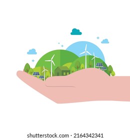 Naturaleza y concepto ecológico. Idea conceptual de la energía renovable. Ilustración vectorial de estilo plano