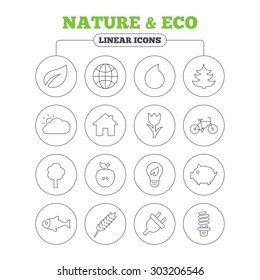 Nature and Eco icons. Trees, leaf and tulip or rose flower. Planet and water drop. Energy saving lamp, electric plug and house building. Circle buttons on white. Vector