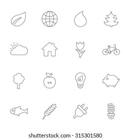 Nature and Eco icons. Trees, leaf and tulip or rose flower. Planet and water drop. Energy saving lamp, electric plug and house building. Outline line icons on white background. Vector
