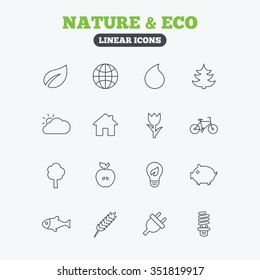 Nature and Eco icons. Trees, leaf and tulip or rose flower. Planet and water drop. Energy saving lamp, electric plug and house building. Linear icons on white background.