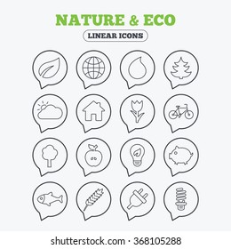 Nature and Eco icons. Trees, leaf and tulip or rose flower. Planet and water drop. Energy saving lamp, electric plug and house building. Linear icons in speech bubbles.