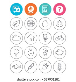 Nature and Eco icons. Trees, leaf and tulip or rose flower. Planet and water drop. Energy saving lamp, electric plug and house building. Report document, question and answer icons. Web camera sign