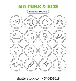Nature and Eco icons. Trees, leaf and tulip or rose flower. Planet and water drop. Energy saving lamp, electric plug and house building. Circle flat buttons with linear icons. Vector