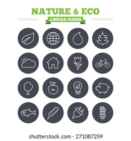 Nature and Eco linear icons set. Trees, leaf and tulip or rose flower. Planet and water drop. Energy saving lamp, electric plug and house building. Thin outline signs. Flat circle vector