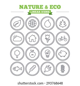 Nature and Eco linear icons set. Trees, leaf and tulip or rose flower. Planet and water drop. Energy saving lamp, electric plug and house building. Thin outline signs. Flat vector