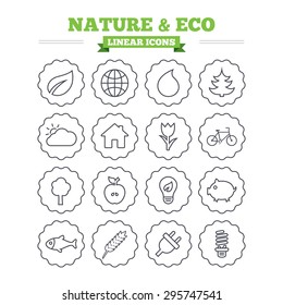 Nature and Eco linear icons set. Trees, leaf and tulip or rose flower. Planet and water drop. Energy saving lamp, electric plug and house building. Thin outline signs. Flat vector