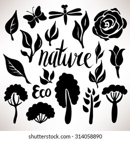 Nature. eco-friendly set of vector silhouettes. icons of hand drawn leaves flowers trees shrubs and insects