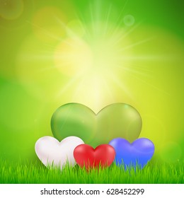 Nature ecology background with heart , sun and fresh grass garden.vector illustration 