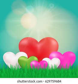 Nature ecology background with heart , sun and fresh grass garden.vector illustration 