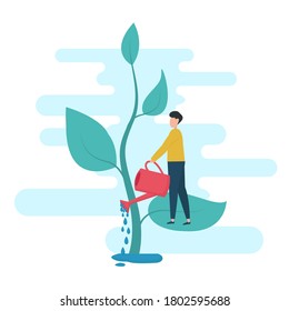 Nature And Ecology Concept. Man Watering Plant Cultivating Tree Over White Background. Conceptual Illustration, Vector, Square