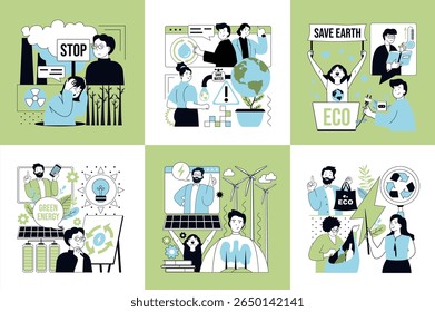 Nature and ecology concept of social media banners set for web design. People stopping toxic pollution, save planet and forest, using green alternative energy, recycling trash. Vector illustrations.