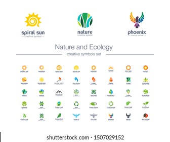 Nature, Ecology creative symbols set. Organic products, green leaf, eco friendly abstract business logo concept. Bird, mountain, fire flame icons. Corporate identity logotypes, company graphic design