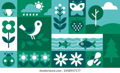 naturaleza ecología flora fauna fondo geométrico Vector