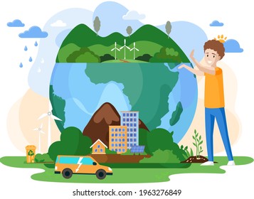Nature and ecology modern graphic design poster. Save green ecosystem on Earth concept. Boy points to planet with alternative energy sources, recycling, changing of climate. Environment of planet