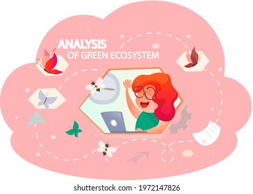 Nature and ecology modern graphic design poster. Woman analyzes green ecosystem of planet. Teamwork with ecological and environmental theme. Female explorer conducts research of insects on planet