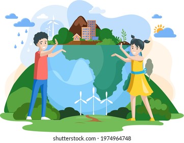 Nature and ecology modern graphic design poster. Save green ecosystem on Earth concept. Children point to planet with buildings and alternative energy sources. Production of eco friendly electricity