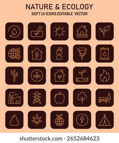 Iconos de interfaz con temas de Naturaleza y ecología que simbolizan la vida sostenible y la conciencia ambiental