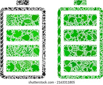 Nature electric battery icon collage of plant leaves in green and natural color hues. Ecological environment vector concept for electric battery icon.
