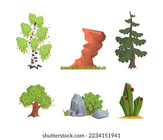 Nature Element with Fir, Fruit Tree, Cactus, Boulder and Birch Vector Set