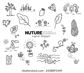 Elemento de la naturaleza dibujado a mano icono de diseño vectorial conjunto de hojas, peces, abejas, flores, mango, maíz, árbol, mariposa, cactus.