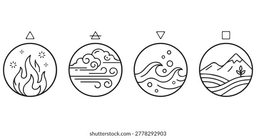 Nature Element Icons Set. Fire, Air, Water, and Earth Symbols.