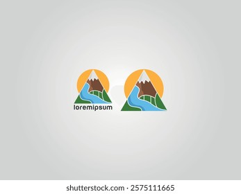 Nature Element Mountain, Waterfall Sun Logo Illustration In natural Warm Colors