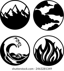 Nature Element Vector Set. Eco Friendly Icons. Environmental Harmony. Four Elements Circle Symbols. Abstract Eco Concept Design. Water, Earth, Air, Fire Illustration Set.