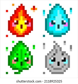 Nature elementals vector pixel art. Four classical elements - earth, water, air, fire. Cute game design icons