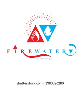 Nature elements balance conceptual emblem for use as marketing design symbol. Fire and water harmony.
