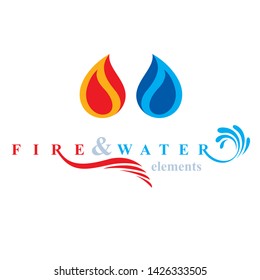 Nature elements balance conceptual emblem for use as marketing design symbol. Fire and water harmony.