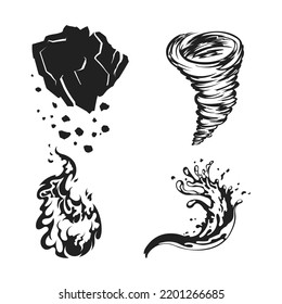 Nature elements black silhouettes. Fire, water, earth and wind icons. Video game assets. UI magical items. Monochrom template. Vector illustration