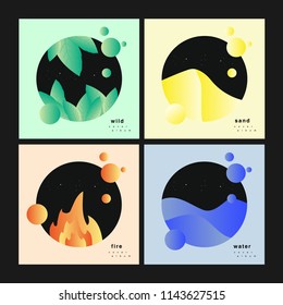 Nature elements. Collection of 3d abstract illustrations with different nature backgrounds. 